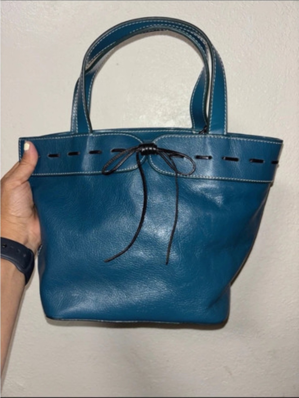 EGO Teal-Blue Leather Tote with Bow Accent